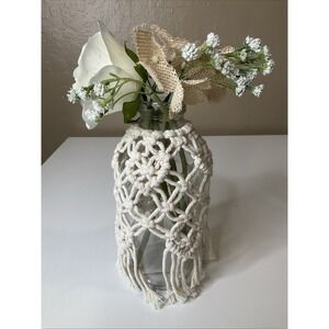 Macrame‎ Ivory Covered 7.5" Glass Vase Jar & Artificial Flowers Boho Cottagecore